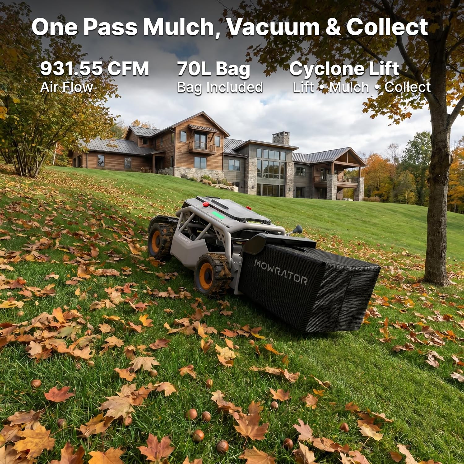 Mowrator S1 4WD 18Ah Remote Control Lawn Mower with Wide Wheels, All-Season Yard Care, 85% (40°) Slope Climbing, with Leaf Shredding Vacuum, 21' Width, 1.5–4.3' Cutting Height, Up to 1.12 Acres
