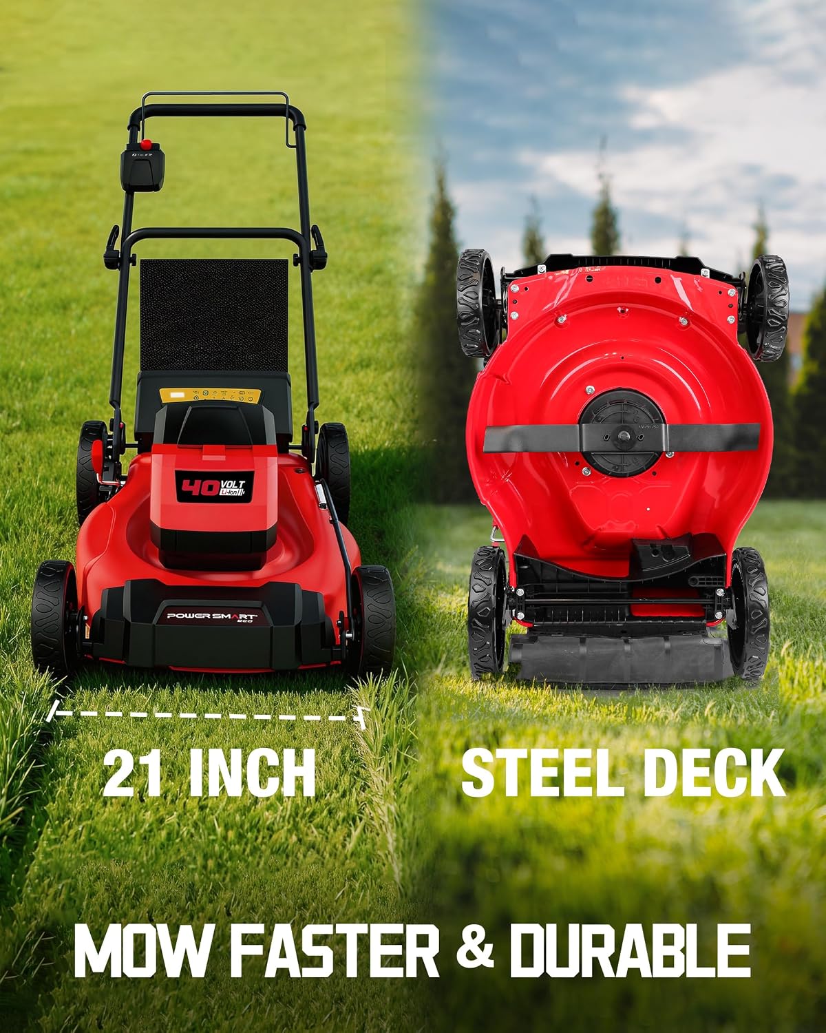 PowerSmart 40V 21' Cordless Lawn Mower, Up to 1/4 Acre, Dual 40V 4.0Ah Batteries and a Charger Included, 1.5' - 3.9' Height Adjustment, 1.4 Bushels Collecting Bag (MB2400B)