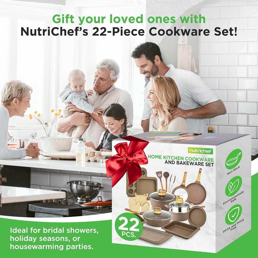 NutriChef 22‑Piece Non‑Stick Ceramic Pots and Pans Set – For All Cooktops Including Induction – PTFE & PFAS Free, Includes Bakeware & Utensils