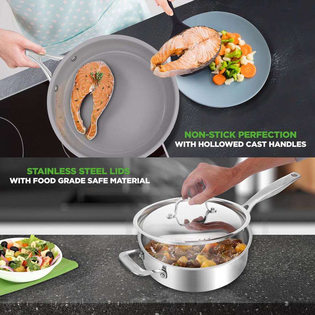 NutriChef Kitchenware Pots & Pans Set - 12 Piece, Clad Kitchen Cookware Set w/Steel Handles, Fry Pan Interior Coated w/ Ceramic Non-Stick Coating, Stylish Kitchen Cookware - NCSSX45