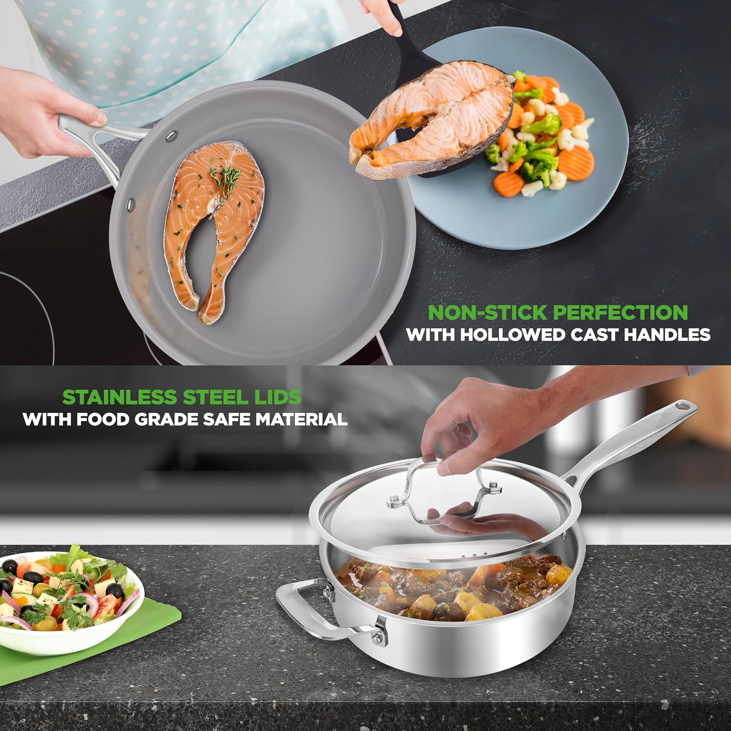 NutriChef Kitchenware Pots & Pans Set - 12 Piece, Clad Kitchen Cookware Set w/Steel Handles, Fry Pan Interior Coated w/ Ceramic Non-Stick Coating, Stylish Kitchen Cookware - NCSSX45
