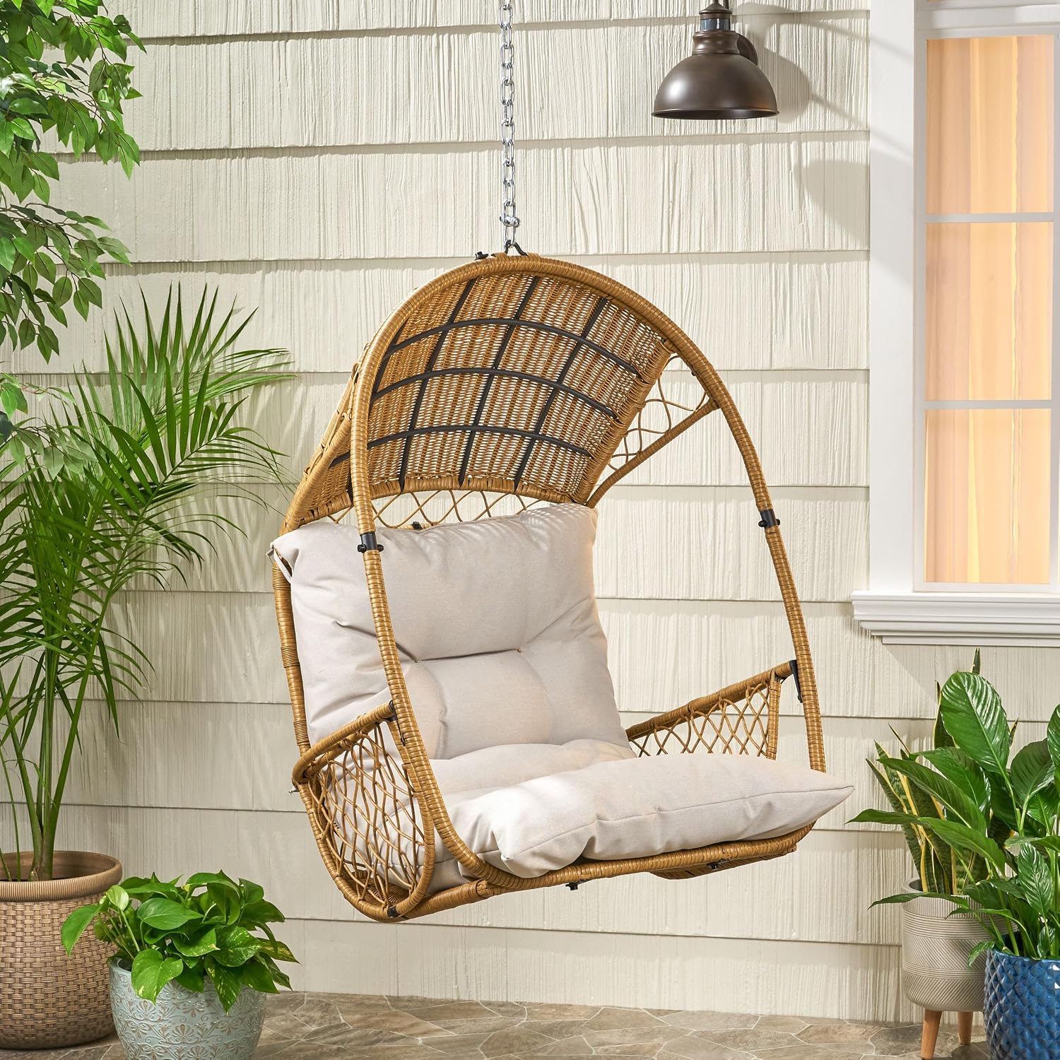 Hanging Egg Chair with Cushion, Wicker Basket Hanging Chair for Indoor Outdoor Patio, Balcony, Living Room, Brown & Beige (Stand Not Included)