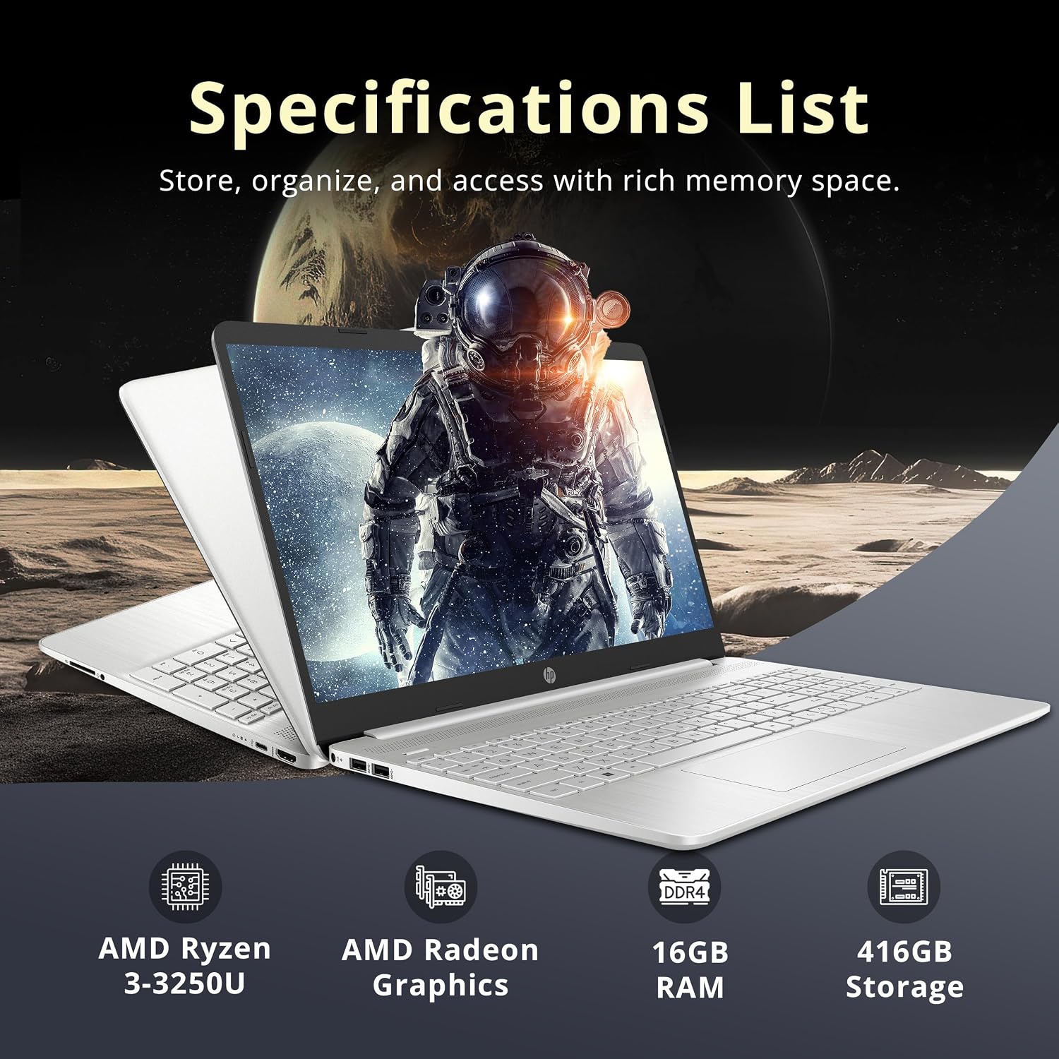 HP 15.6' FHD Laptop, AMD Ryzen 3-3250U Processor, 16GB RAM, 416GB Storage(256GB SSD + 160GB Docking Station Set), AMD Radeon Graphics, Numeric Keypad, 720p HD Webcam, WiFi, Windows 10S, Silver