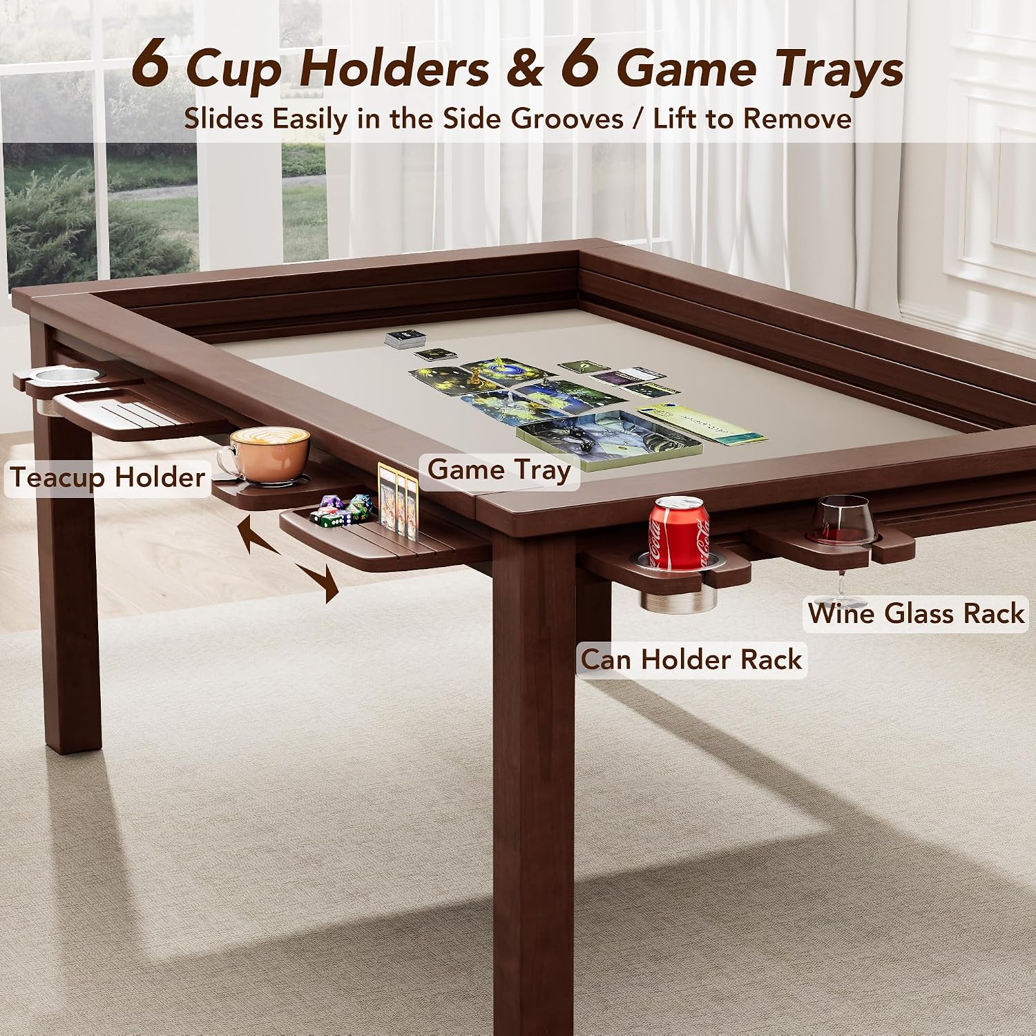 Convertible Board Game Table for 4-6 Players, Spacious Gaming Space w/Clean-Edge Table Top, Non-Slip Play Mat, Cup Holder & Game Tray, Dining Table w/Storage for DND, Poker Card, Family Dinner