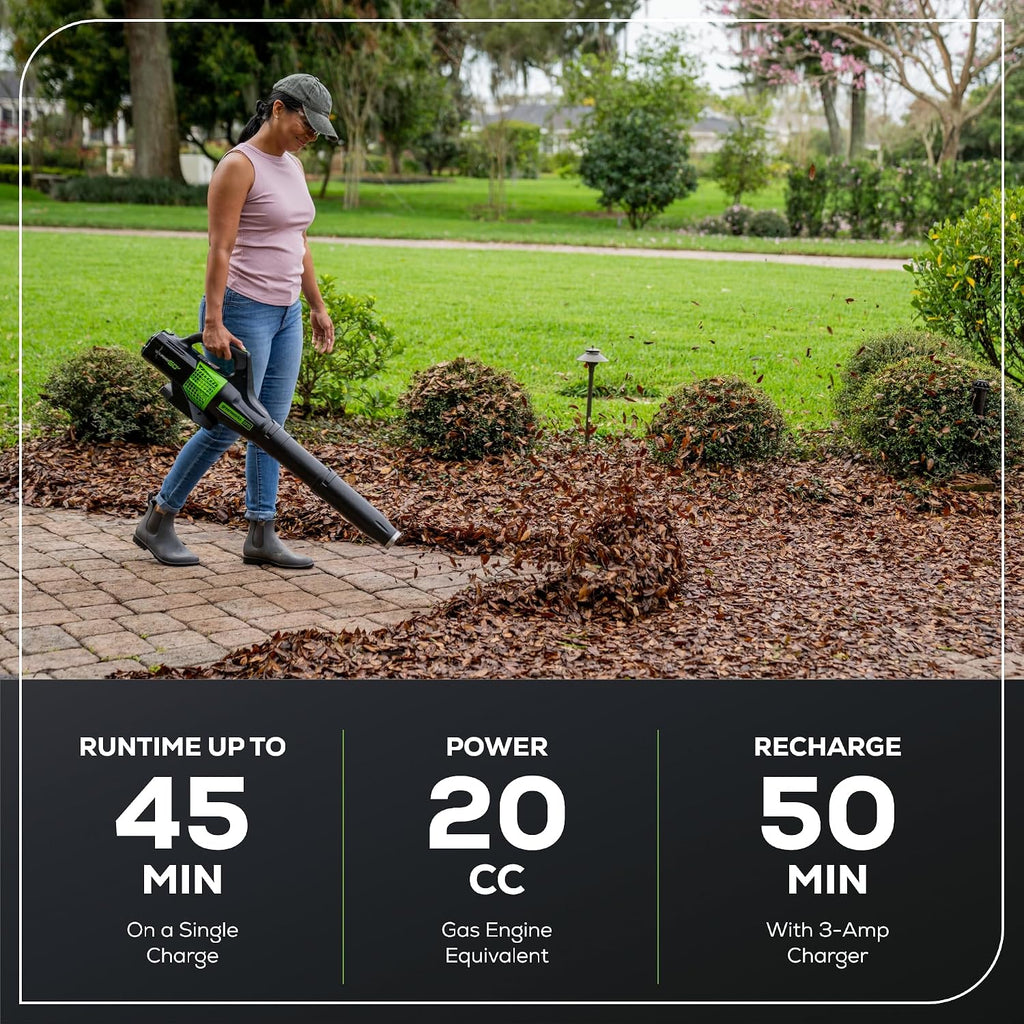 Greenworks 60V 450 CFM Cordless Leaf Blower, 2.0 Ah Battery and Rapid Charger