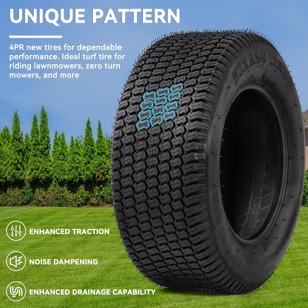 YITAMOTOR 23x8.50-12 Lawn Mower Tires (Set of 2), 4 Ply Tubeless Tractor Turf Tire, 23x8.50x12 Lawnmower Tires Fits Most Lawn & Garden Vehicle, 1190LBS Capacity