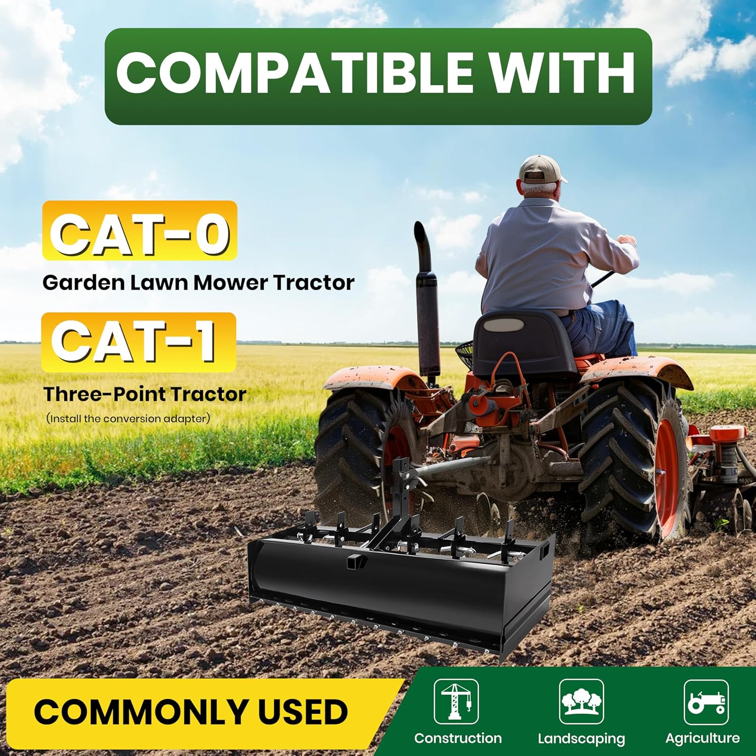 ECOTRIC 55' 3-Point Box Scraper Compatible with CAT-0 Garden Lawn Mower Tractor w/Adjustable Blade for Gravel Snow Landscaping Construction Agriculture