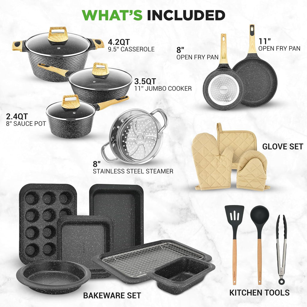 NutriChef 22-Piece Black Marble Non-Stick Cookware and Bakeware Set - Professional Home Kitchen Collection with Multi-Sized Pots, Pans, and Heat-Resistant Tools