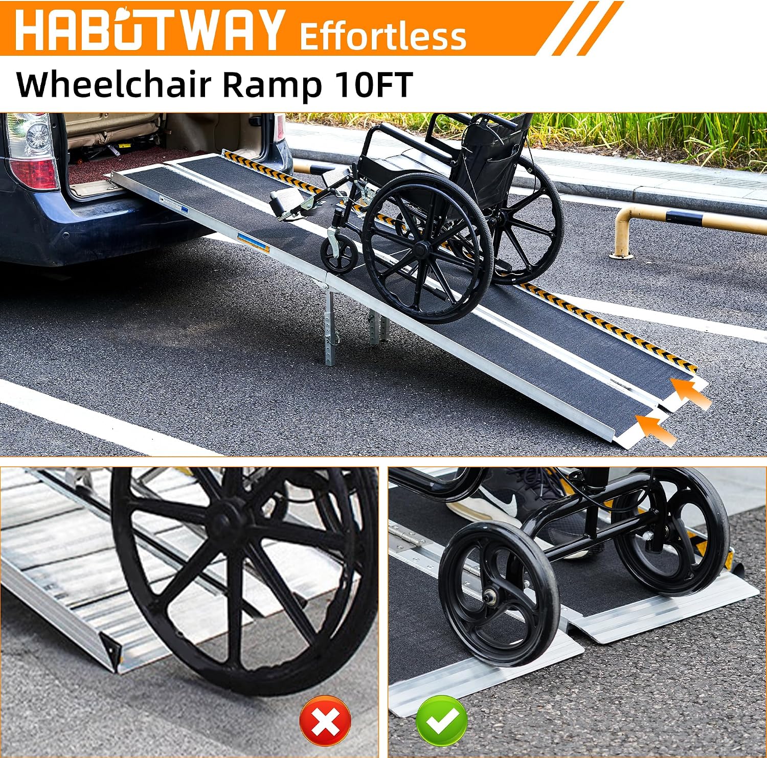 HABUTWAY 10ft Wheelchair Ramp, Portable Wheelchair Ramp with Support Legs, Double Non-Skid Ramps Hold Up to 800Lbs, Threshold Ramps for Home,Stairs, Curbs,Steps,Doorway