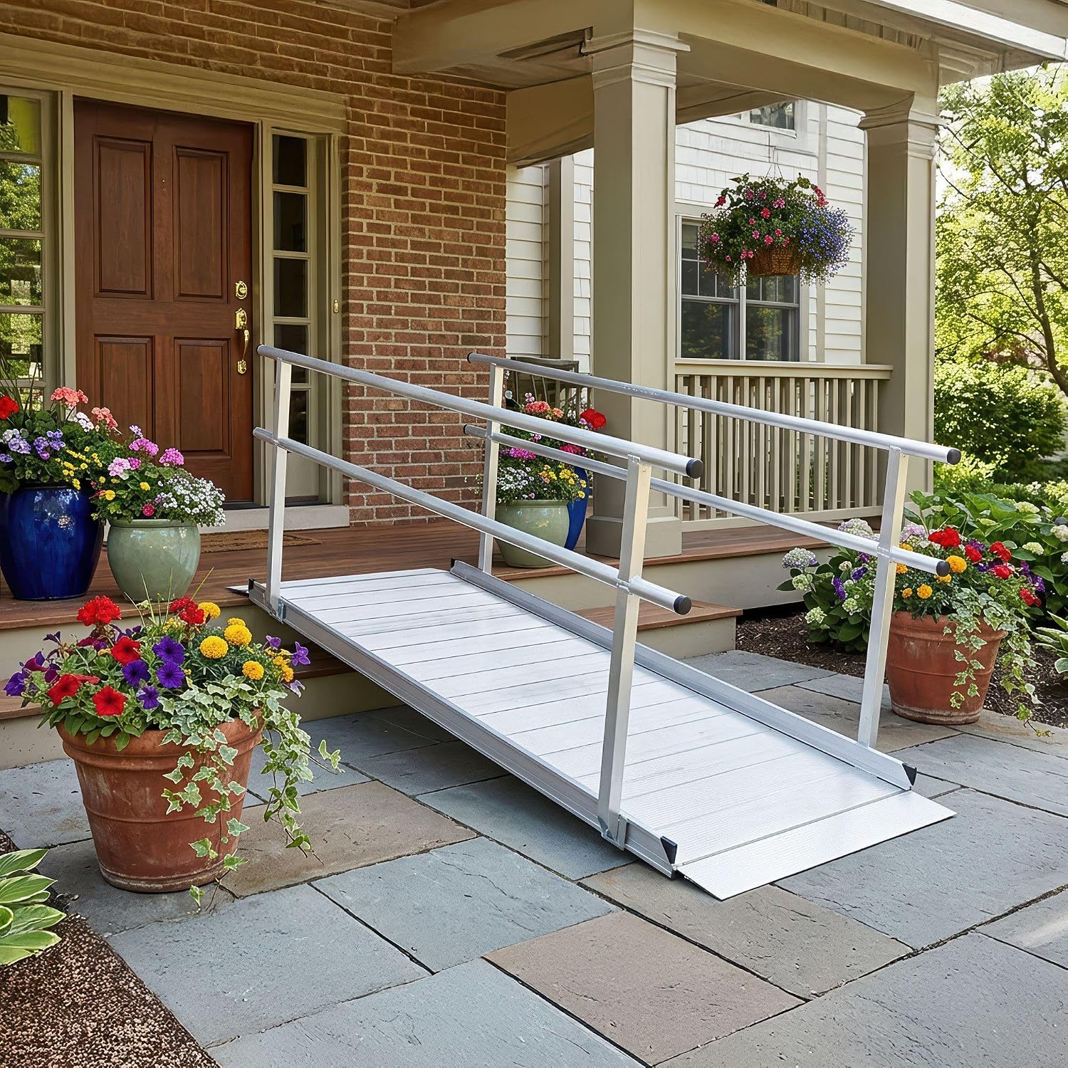 8' Wheelchair Ramp for Home Steps, 850 lb Capacity, Handrails, Non-Slip, Entry Access for Mobility Scooters, Power Chairs, Silver Spring