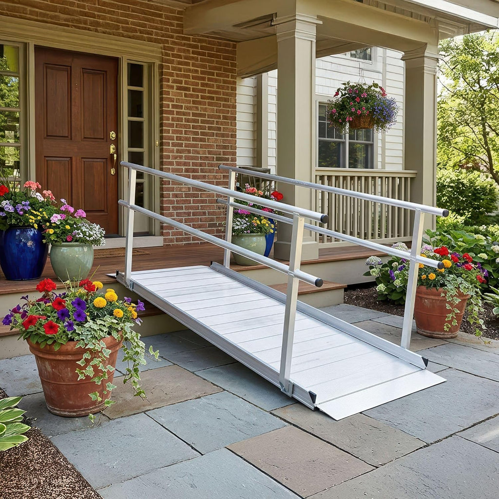 10' Wheelchair Ramp for Home Steps, 850 lb Capacity, Handrails, Non-Slip, Entry Access for Mobility Scooters, Power Chairs, Silver Spring