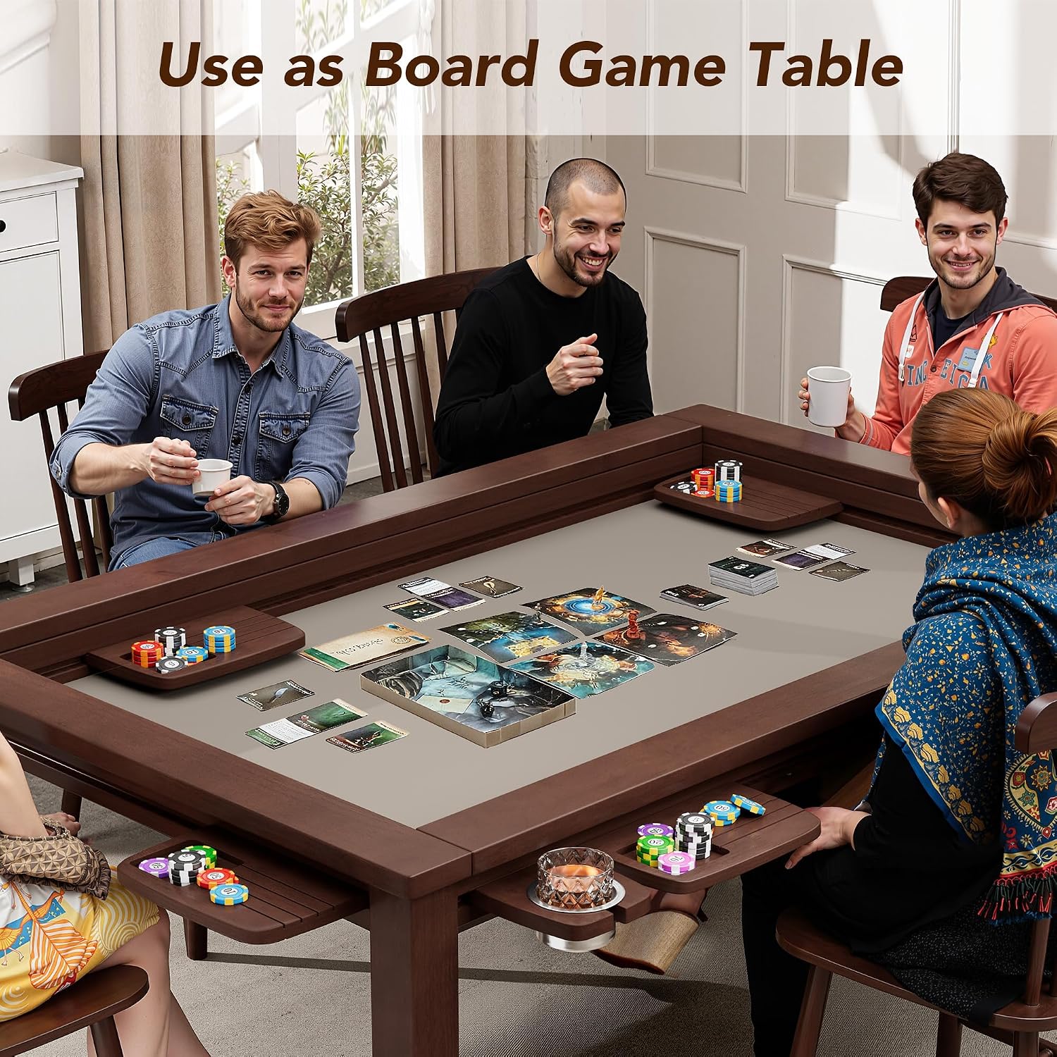 Convertible Board Game Table for 4-6 Players, Spacious Gaming Space w/Clean-Edge Table Top, Non-Slip Play Mat, Cup Holder & Game Tray, Dining Table w/Storage for DND, Poker Card, Family Dinner