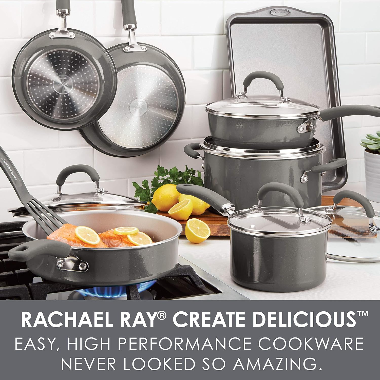 Rachael Ray Create Delicious Nonstick Cookware Pots and Pans Set, 13 Piece, Gray Shimmer