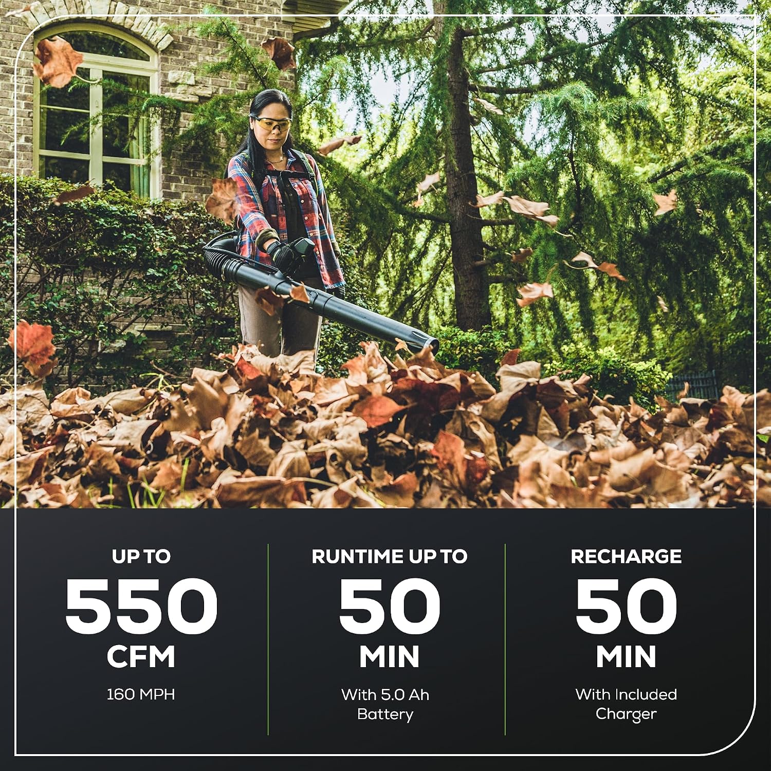 Greenworks 60V 550 CFM Brushless Backpack Blower, 5.0Ah Battery and 6A Charger