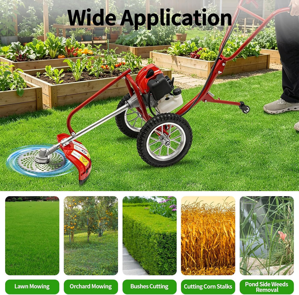 2 Stroke 49CC Gas Walk Behind Brush Cutter, Gas Powered Hand Push Lawn Mower, Brush Mower Gasoline Brush Broom Sweeping Machine, Gas Brush Cutter String Trimmer for Yard