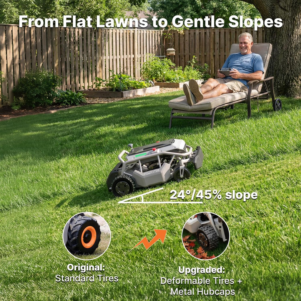 Mowrator S1 2WD 56V 12Ah Remote Control Lawn Mower, 45% (24°) Slope, Upgraded with Deformable Tires & Metal Hubcaps, 21' Steel Blade, 1.8–4.6' Height, Covers up to 0.75 Acre, Mulching Blade Included