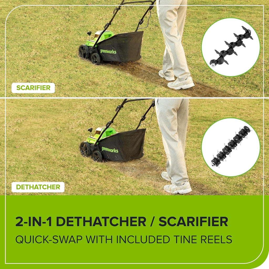 Greenworks 40V 15-Inch 2-in-1 Dethatcher & Scarifier, 5.0Ah Battery & Rapid Charger Included, Brushless Motor, 5-Position Depth Adjustment
