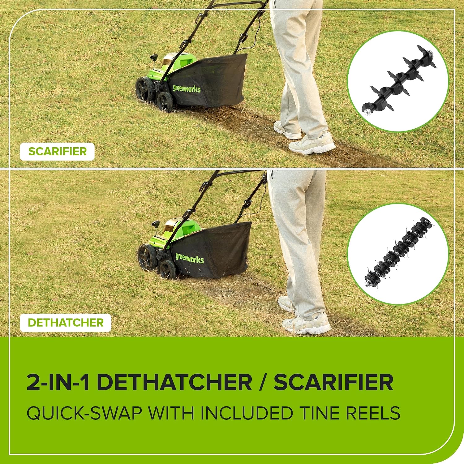 Greenworks 40V 15-Inch 2-in-1 Dethatcher & Scarifier, 5.0Ah Battery & Rapid Charger Included, Brushless Motor, 5-Position Depth Adjustment