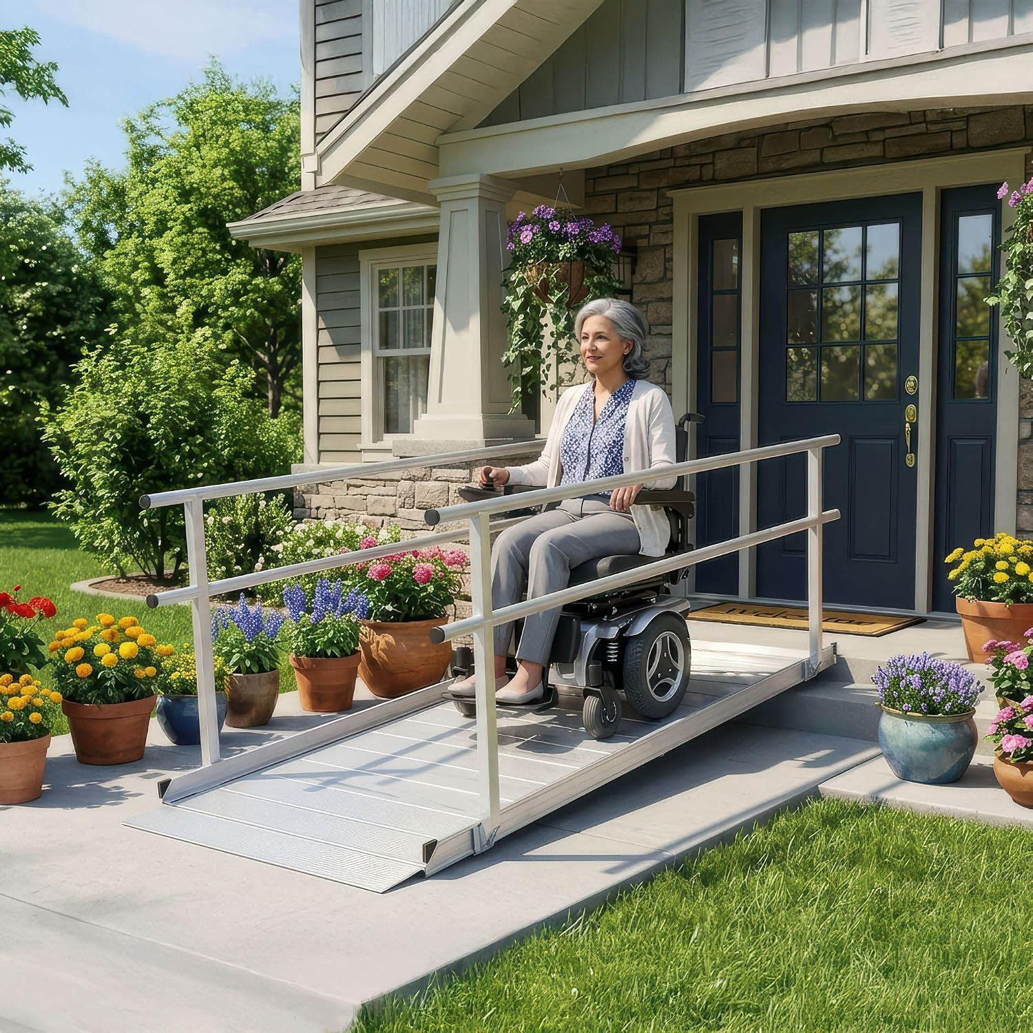 7' Wheelchair Ramp for Home Steps, 850 lb Capacity, Handrails, Non-Slip, Entry Access for Mobility Scooters, Power Chairs, Silver Spring