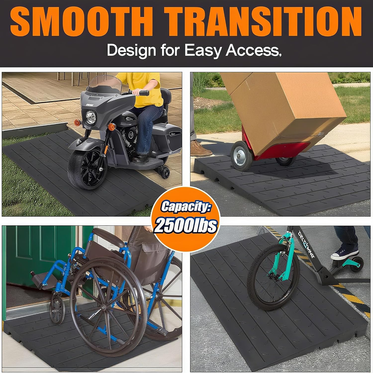 4' Rise Threshold Ramp for Doorway, 2500LBS Capacity 3 Channels Cord Cover Rubber Curb Ramp, Angled Entry Rated Handicap Ramps for Wheelchair and Scooter