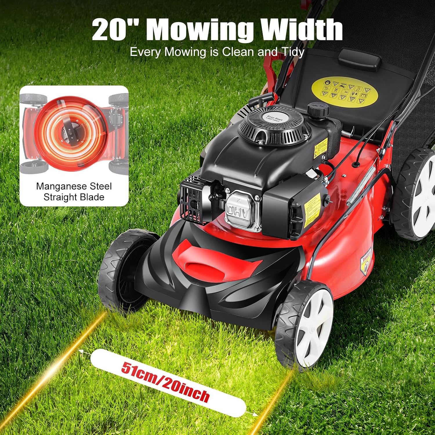 20 Inch Self Propelled Gas Lawn Mower, 140CC 4-Stroke OHV Engine 5HP, 8-Position Height Adjustment 1-3.2in, 15.9Gal Large Grass Catcher Cordless Push Lawn Mowers for Garden Yard