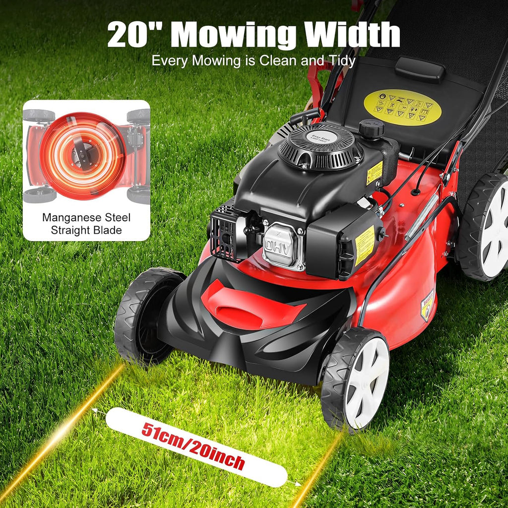 140CC Self Propelled Gas Lawn Mower, 4-Stroke Gasoline Walk-Behind Lawn Mower, 5HP Cordless Walk Behind Brush Cutter wuth 8 Gears Adjustable Cutting Height and 20' Mowing Width, 15.9Gal Bag
