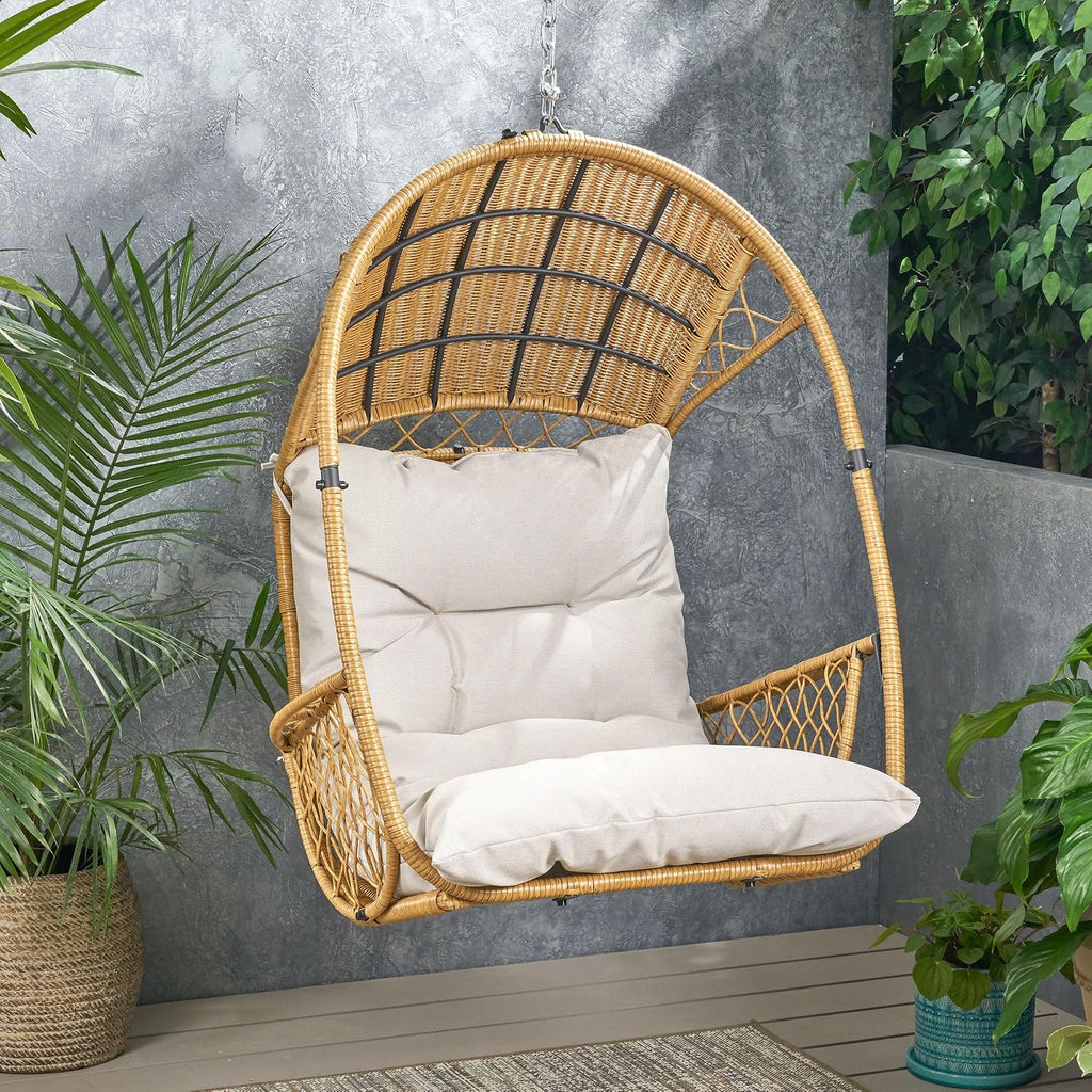 Hanging Egg Chair with Cushion, Wicker Basket Hanging Chair for Indoor Outdoor Patio, Balcony, Living Room, Brown & Beige (Stand Not Included)
