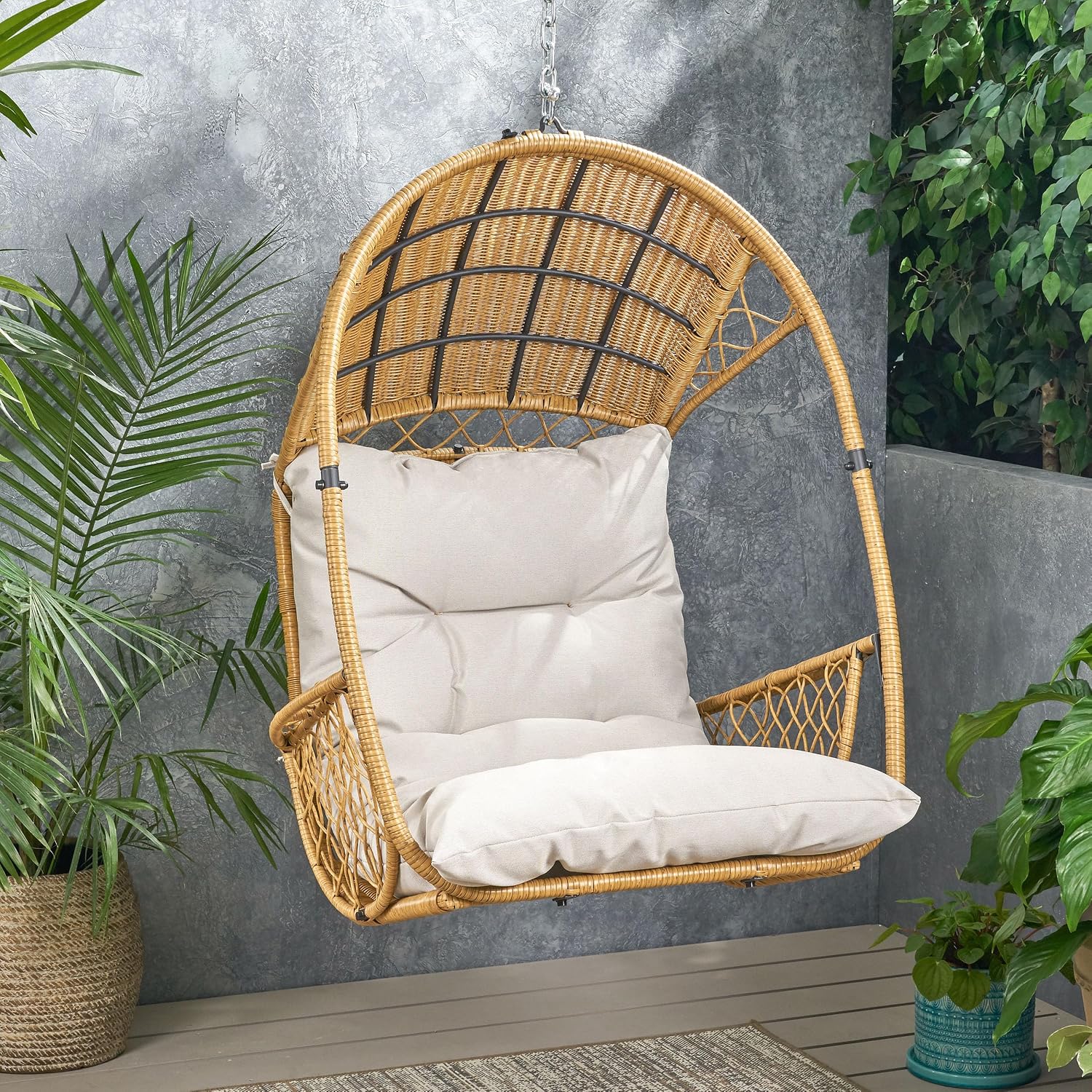 Hanging Egg Chair with Cushion, Wicker Basket Hanging Chair for Indoor Outdoor Patio, Balcony, Living Room, Brown & Beige (Stand Not Included)