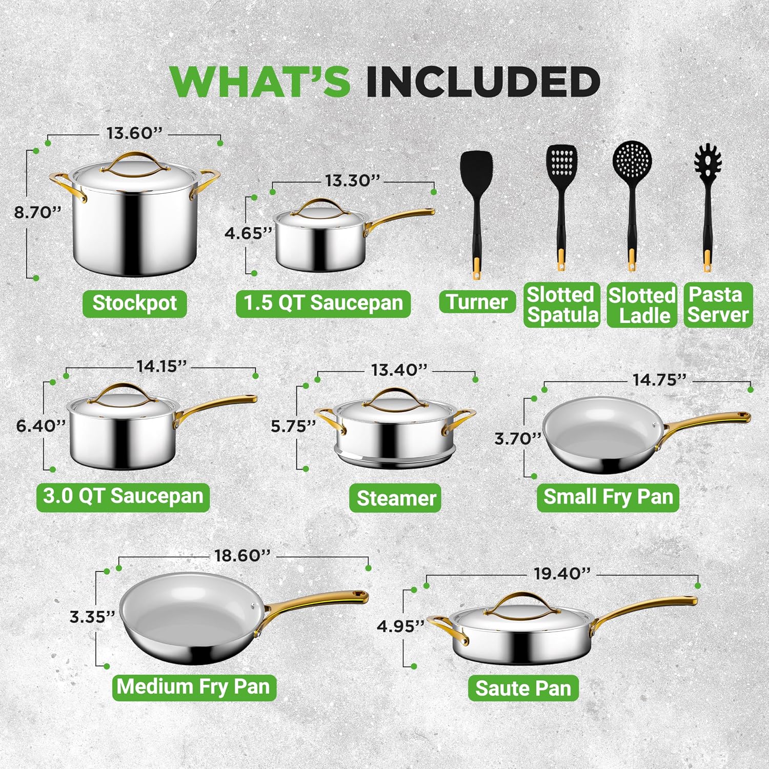 NutriChef 16 Piece Stainless Steel Cookware Set, Induction Cookware with Golden Handles - Non Stick Pots and Pans Set with lids and Utensils - PFOA/PFOS Free, Oven Safe, & Easy to Clean